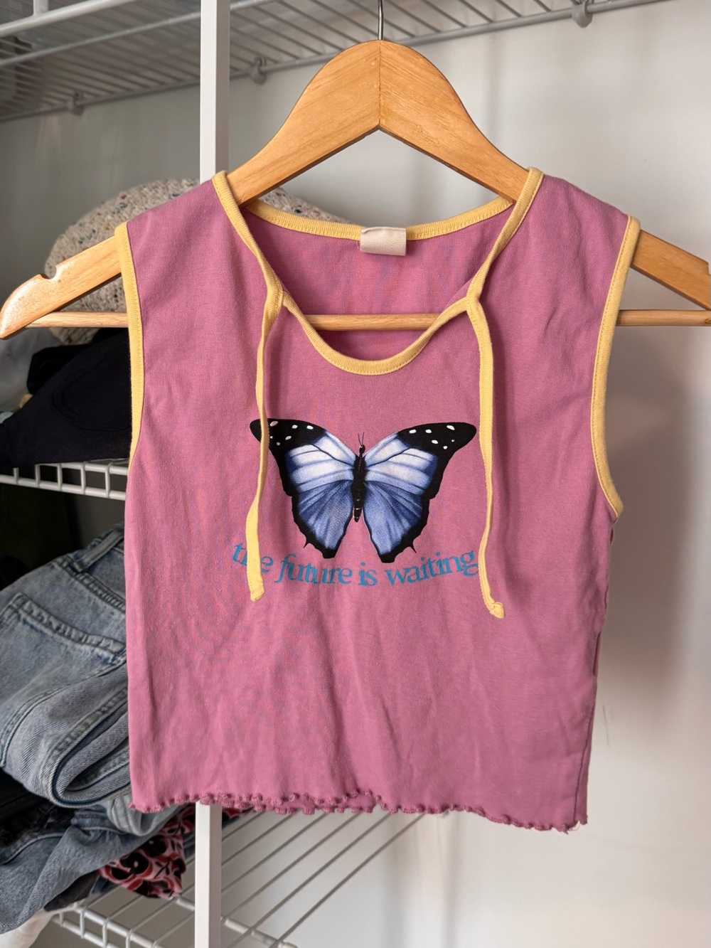 Urban Outfitters Pink Tank with Yellow Trim and Blue Butterfly